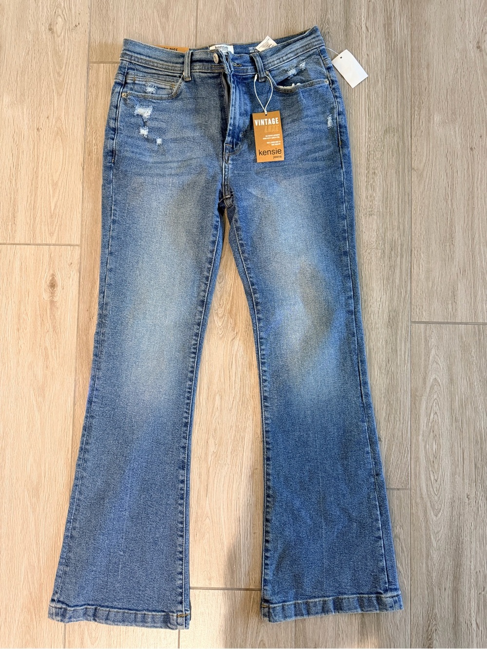 kenzie Medium Blue High Rise Flare Jeans with Light Distress